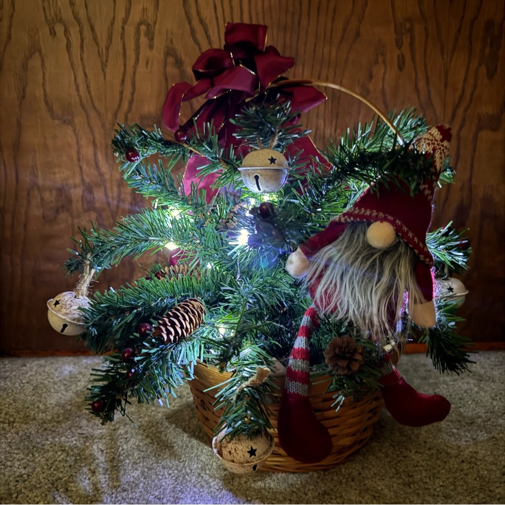 NEW Gnome in a Natural Wicker Basket w/ LED Fairy Lights & Artificial Evergreens